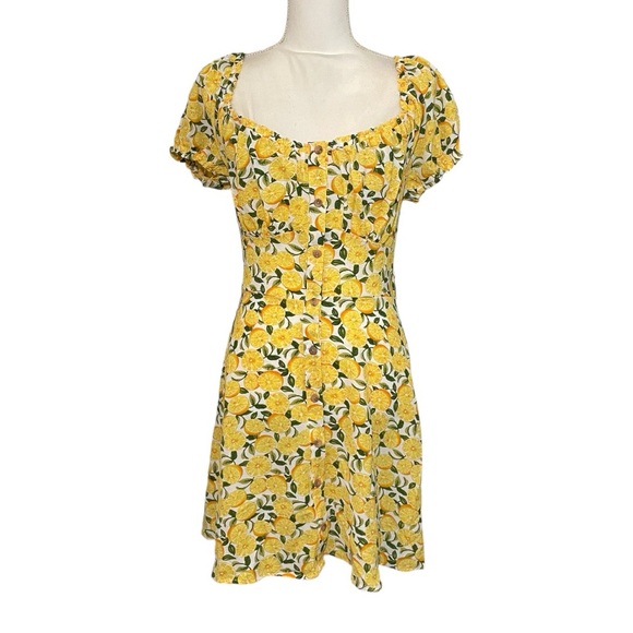 NWT BAILEY BLUE Lemon Print Mini Dress Square Neck Puff Sleeve Smocked Fruit New - Picture 4 of 9